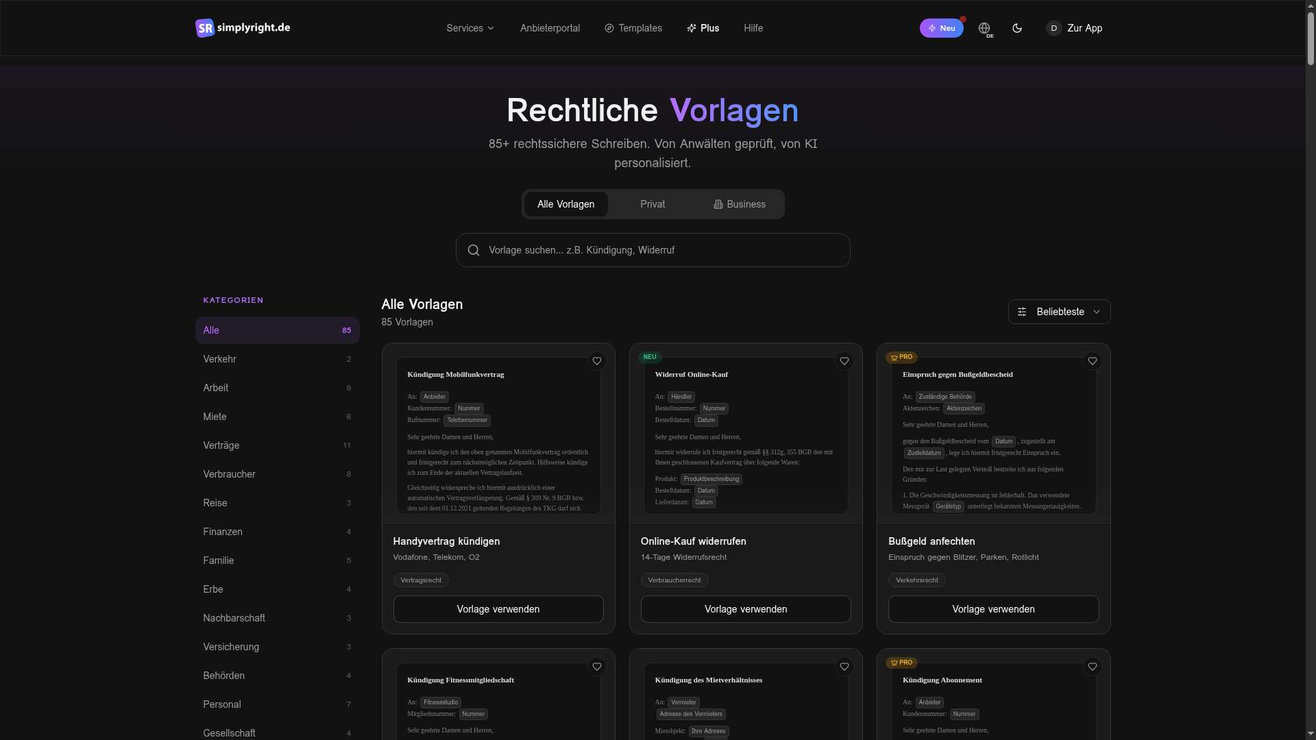 Schritt 1: Navigiere über das Hauptmenü zu 'Vorlagen' oder öffne simplyright.de/vorlagen.